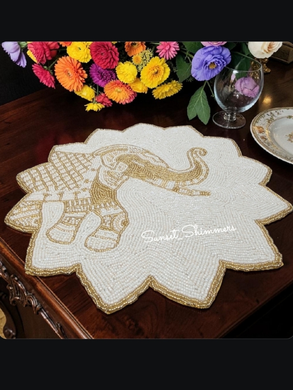 4pc Lucky Golden Elephant 15in Beaded Charger Placemats Set Jewels Of Mumbai New